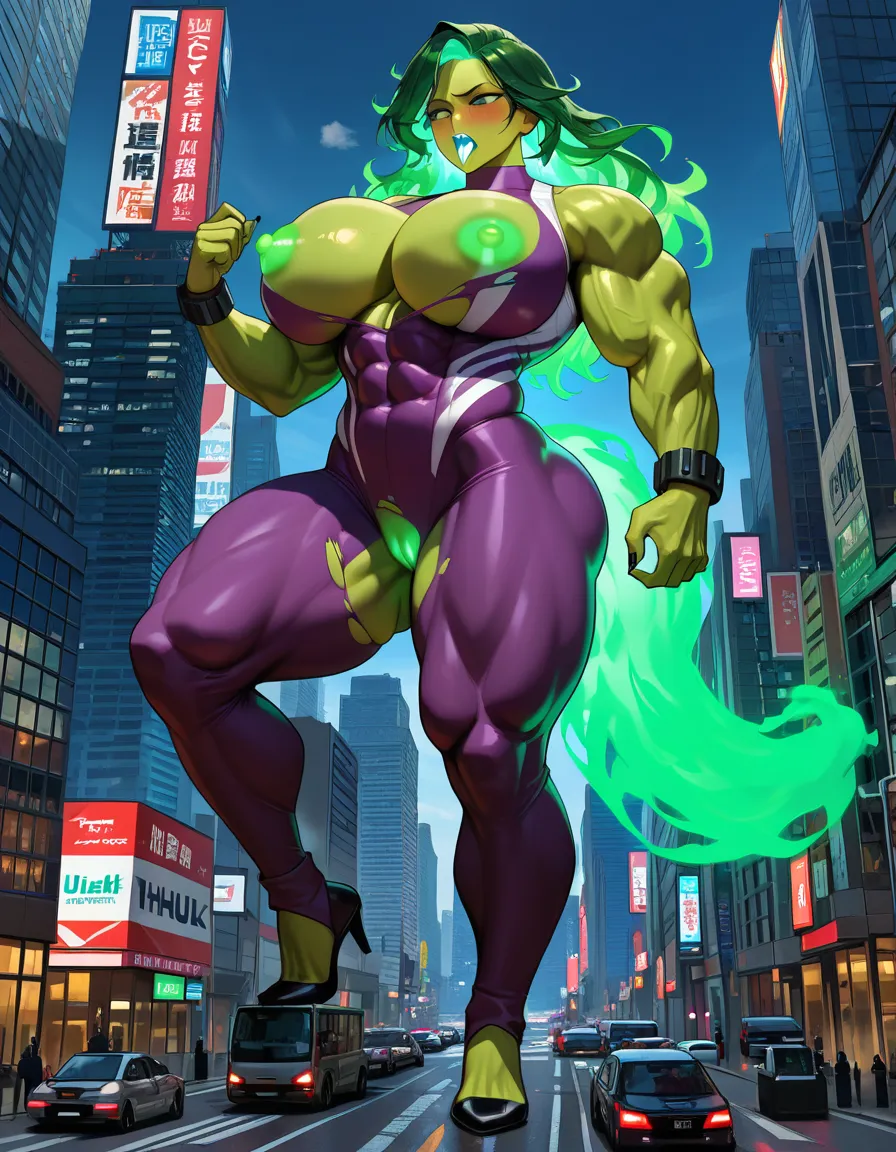 ultra detailed, She-hulk, mature female, solo, giantess, in city, destraction, full body, hyper pectorals, huge pectorals, extreme pectorals, muscular growth, breast growth, muscular female, torn clothes, tight clothes , glowing nipples, glowing tongue, glowing pussy, glowing hair, glowing tail, black nails, blush, projectile yellow lactation, walking, hentai_studio_quality, hentai_studio_quality
