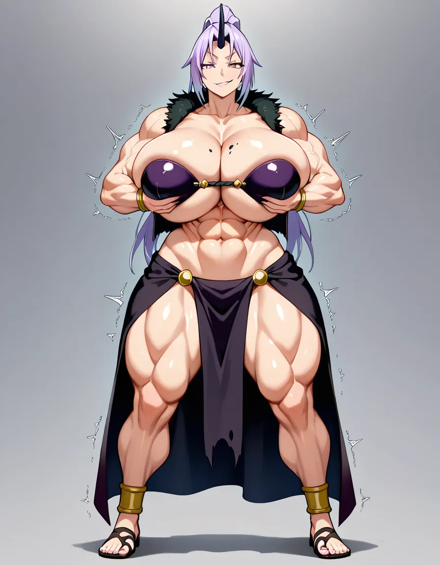 ultra detailed, Shion ((tensei shitara slime datta ken) taller female, maturne female, huge breast, full body, body transformation, growth body, growth muscle, growth breast, muscle mommy, muscular female, loincloth, thick thighs, toned body, voluptuous female, shaking, grabbing own breast, naughty face, smirk), hentai style, hentai_studio_quality