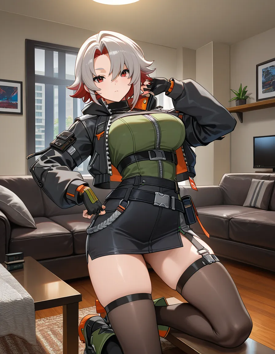 Female, Burnice (enless zone zero), solo, living room, 2.5 D, hentai_studio_quality