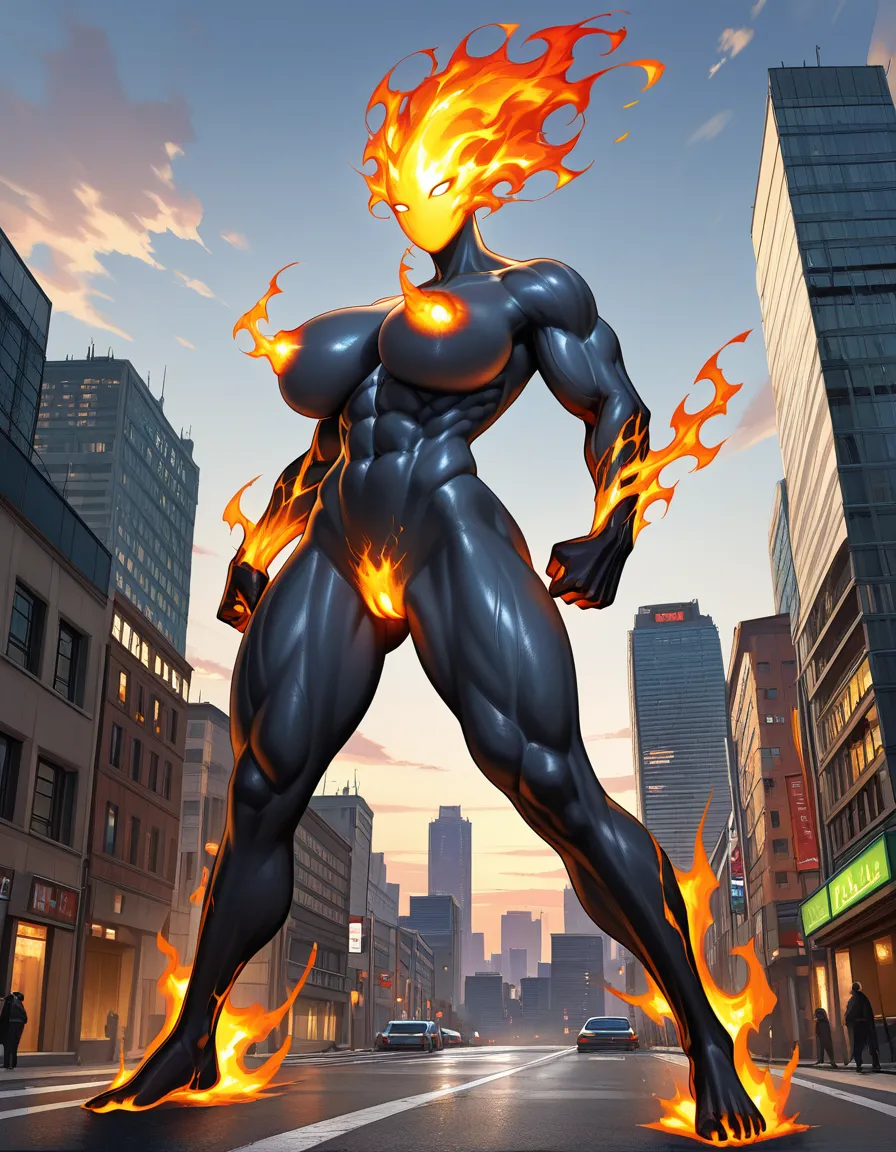elemental girl, fire elemental, solo, flaming body, flaming hair, flaming head, mature_female, full body, nude, flaming nipples, flaming pussy, muscular_female, gigantic muscular, city, hentai_studio_quality