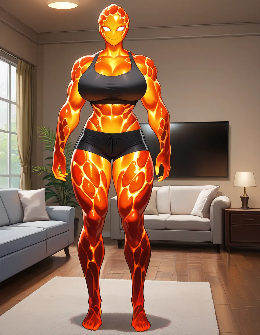 elemental girl, lava elemental, lava body, lava hair, lava head, mature_female, full body, clothes female, muscular_female, gigantic muscles, iron top bando, iron short_shorts, living room, light_smile, hentai_studio_quality
