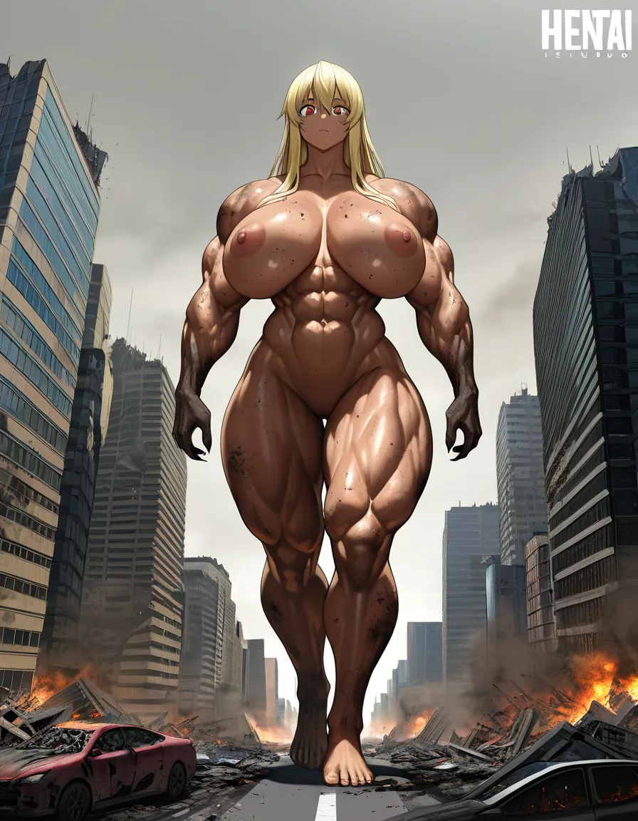 @tionishia, naked, nude, huge breasts, muscular_female, massive muscles, huge female, cityscape, city destruction, macro, full_body, walking, 5 fingers, 5 toes, dirty female, zombie girl, /ultra_detailed, /masterpiece, /est_quality, hentai_studio_quality