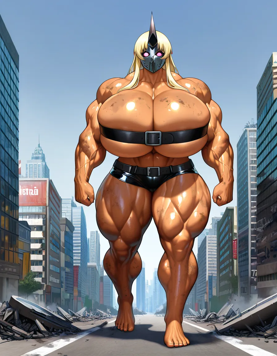 tionishia, naked, nude, gigantic breasts, muscular_female, gigantic muscles, huge female, cityscape, city destruction, walking, 5 fingers, 5 toes, dirty female, veins bulge, belt bra, micro_shorts, latex shorts, iron mask, /ultra_detailed, /masterpiece, /est_quality, hentai_studio_quality