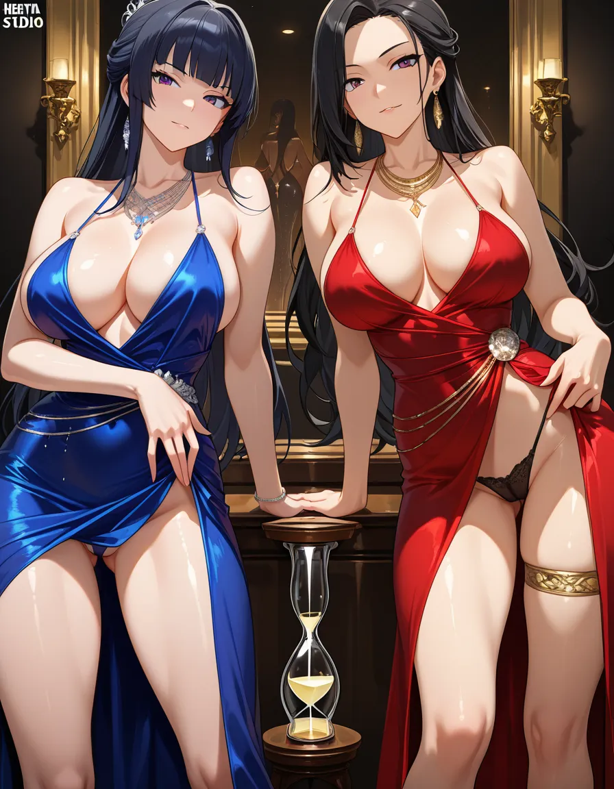 ultra detailed shading, multiple girls, hourglass figure, evening gown, presenting, hentai style, hentai_studio_quality