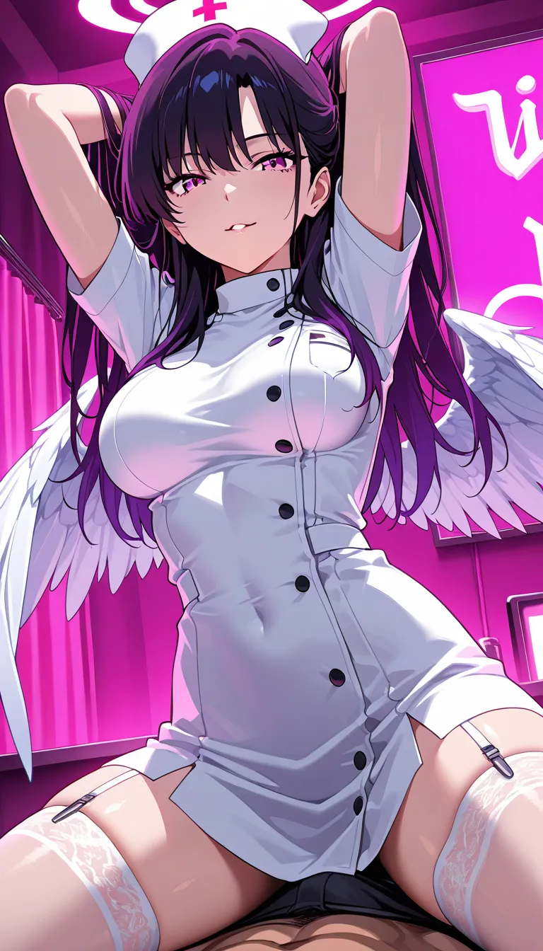 highres, vivid, nurse, arms up, wings, cowgirl position, seductive look, vivid anime colors