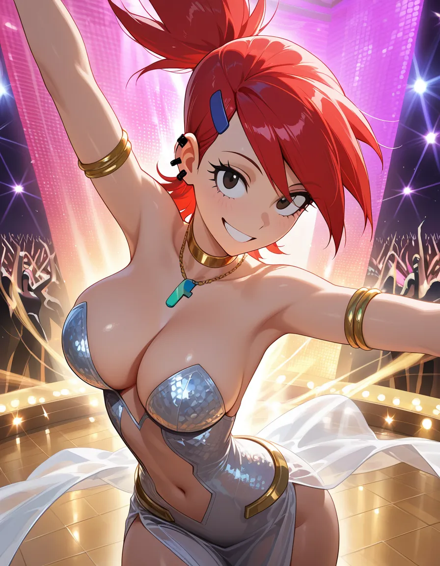 best quality, polished, frankie foster, frankie from fosters home for imaginary friends, smiling, dancing, breasts exposed, hentai_studio_quality