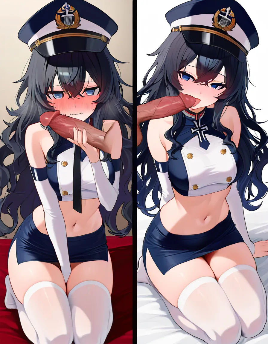/masterpiece absurdres /sharp_focus outline commander_(azur_lane) male_focus kneeling peaked_cap crossdressing crossdressing_mtf white_crop_top pink_miniskirt detached_sleeves white_thighhighs black_hair wavy_hair blue_eyes large_penis veiny_penis licking_penis blush wavy_mouth embarrassed looking_up trembling, hentai_studio_quality
