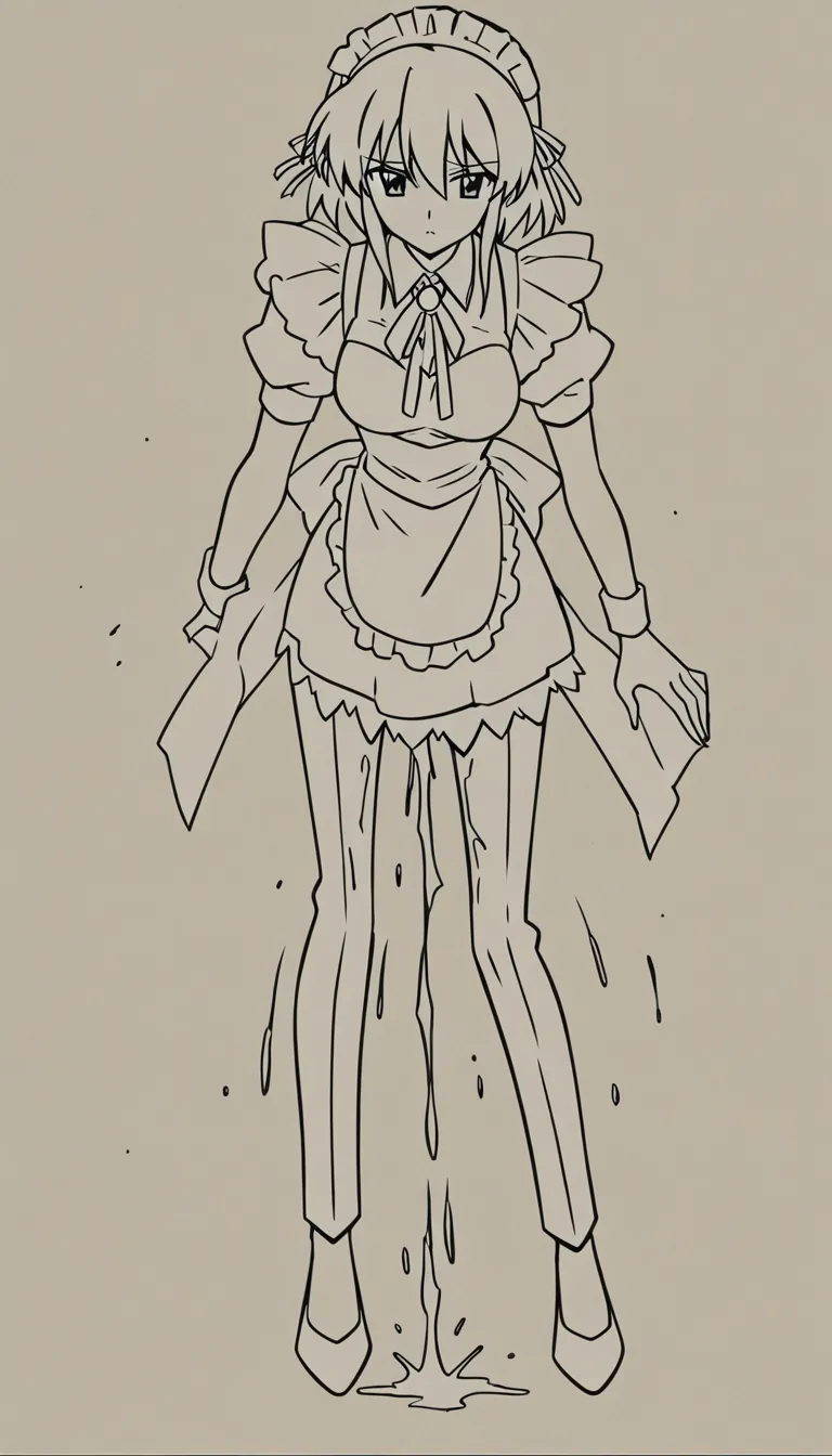 ultra detailed, sharp focus, maid, hair ribbon, pants, squirting, medium shot, soft anime shading