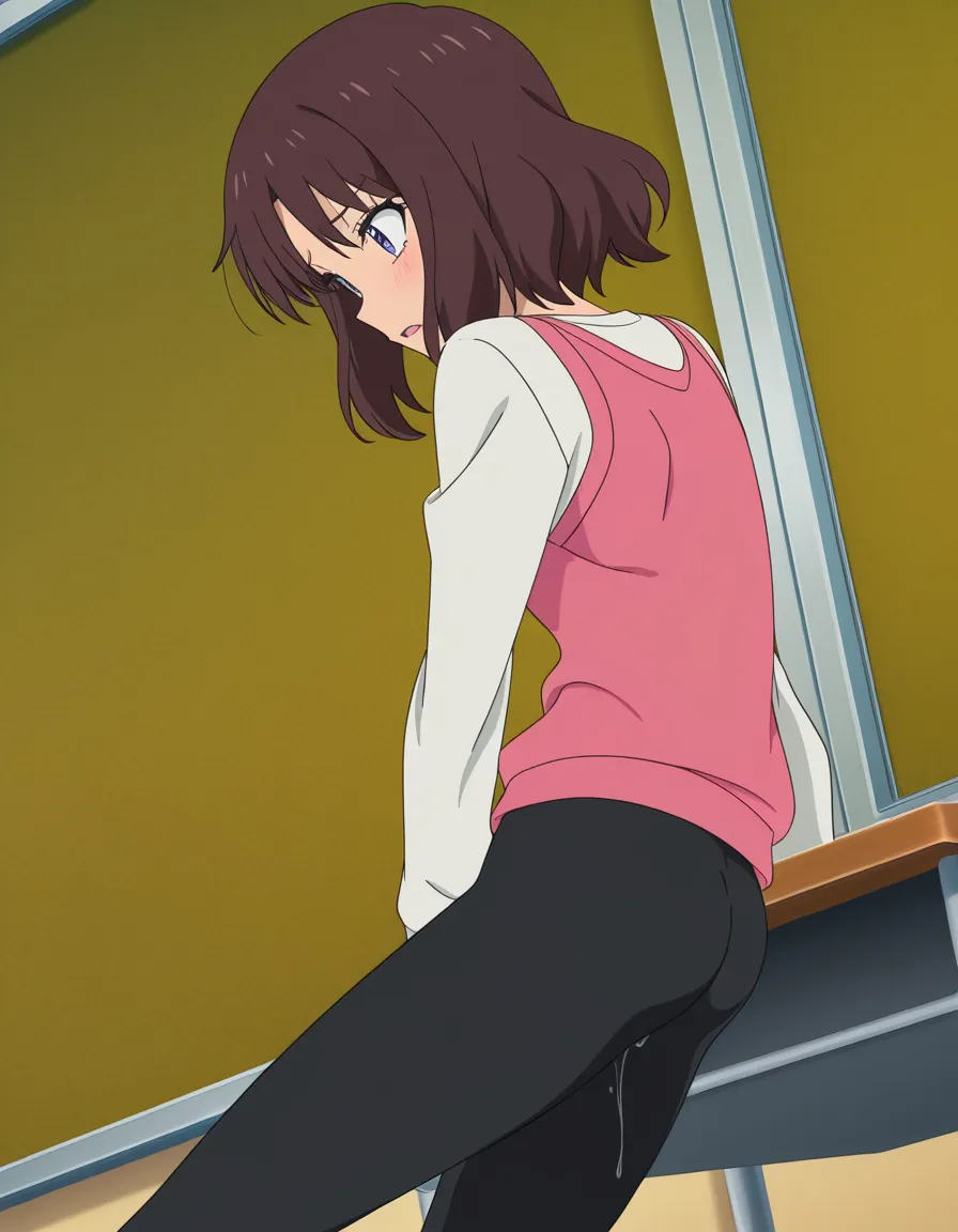 a cute brunette in legging and croc top, masturbating on a classroom under her leggings, (anime style:1.3), 2d, anime screencap, cel shading, flat color, @00osamio00