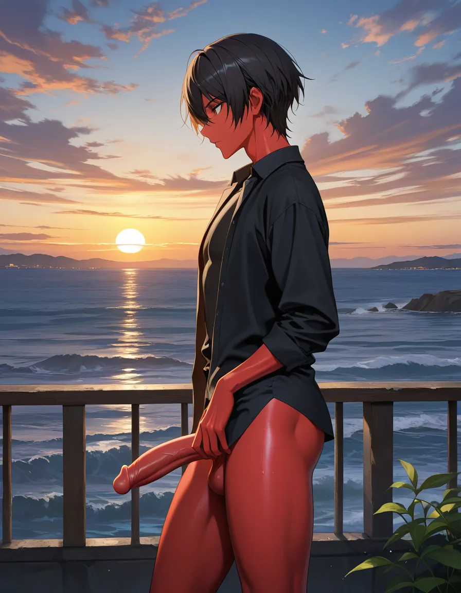 masterpiece, clean art, male focus, colored skin, shirt, futanari, outdoors, soft cel shading, hentai_studio_quality