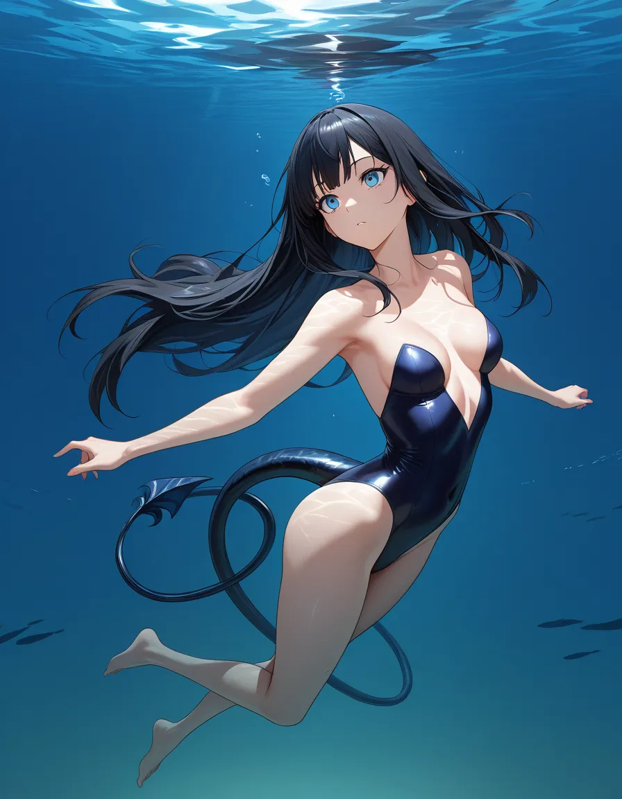 A small siren, age 18, siren tail deep blue coloured, small breasts, long black hair, sky blue eyes, swimming under the sea, hentai_studio_quality, hentai_studio_quality