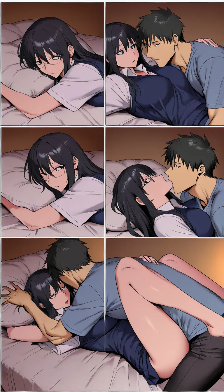 (masterpiece), (best quality), (ultra detailed), manga page, multi-panel layout, combination of large and small panels, professional manga artist style, art by Manno, a high school girl with long black hair and a high school boy with black hair and glasses engaging in sexual intercourse on a bed while fully clothed; she is lying on her back, expressionless, reading a manga; he is thrusting inside her vagina; she continues reading her manga, completely indifferent to his actions; he ejaculates while thrusting; she feels nothing and keeps reading; he resumes thrusting inside her; setting: his room at his house; professional composition, rich colors, polished and detailed digital illustration, Japanese sound effects, Japanese speech bubbles., hentai_studio_quality