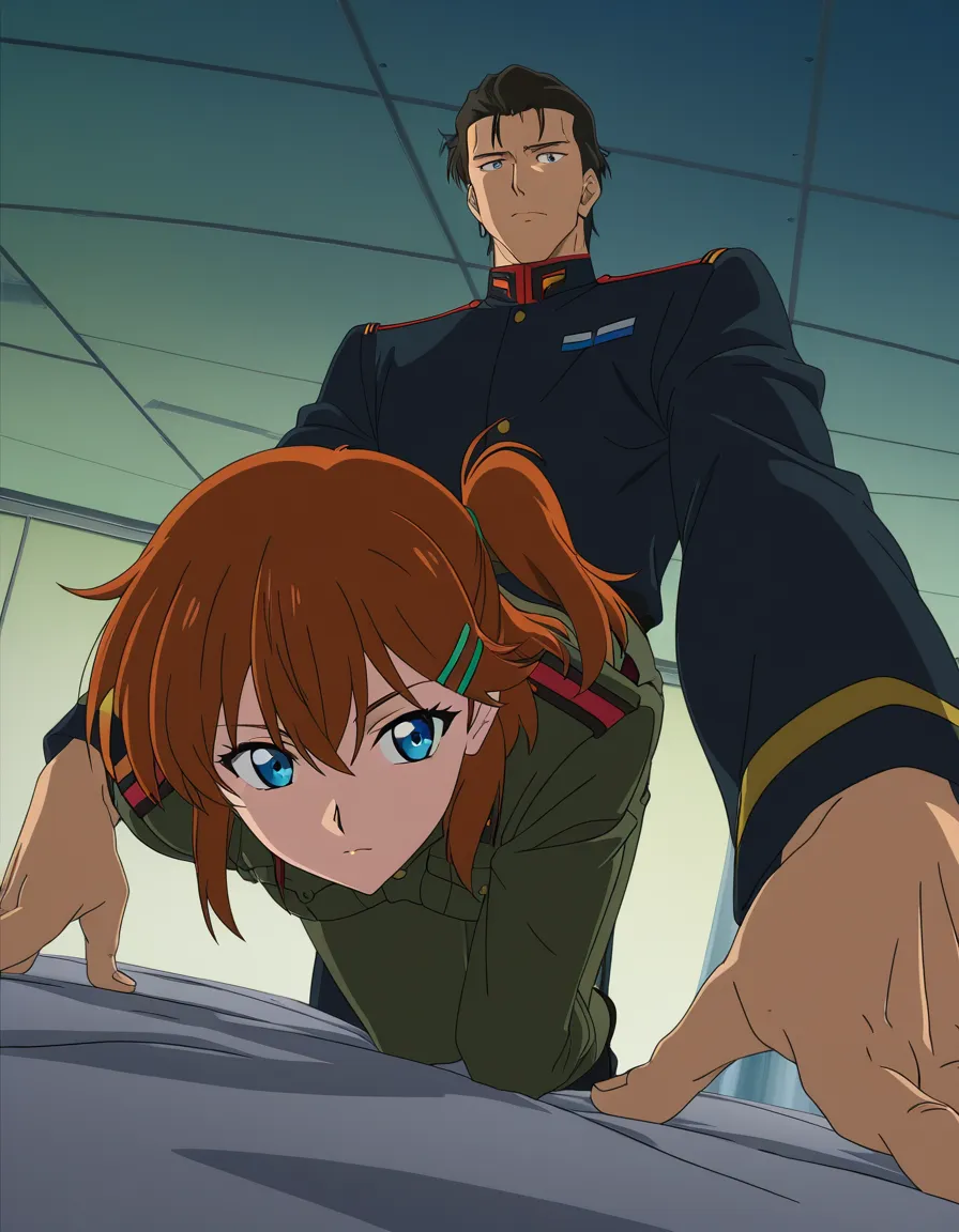 highly detailed, sharp, couple, on all fours, buttons, hairclip, military, vivid anime colors, (anime style:1.3), 2d, anime screencap, cel shading, flat color