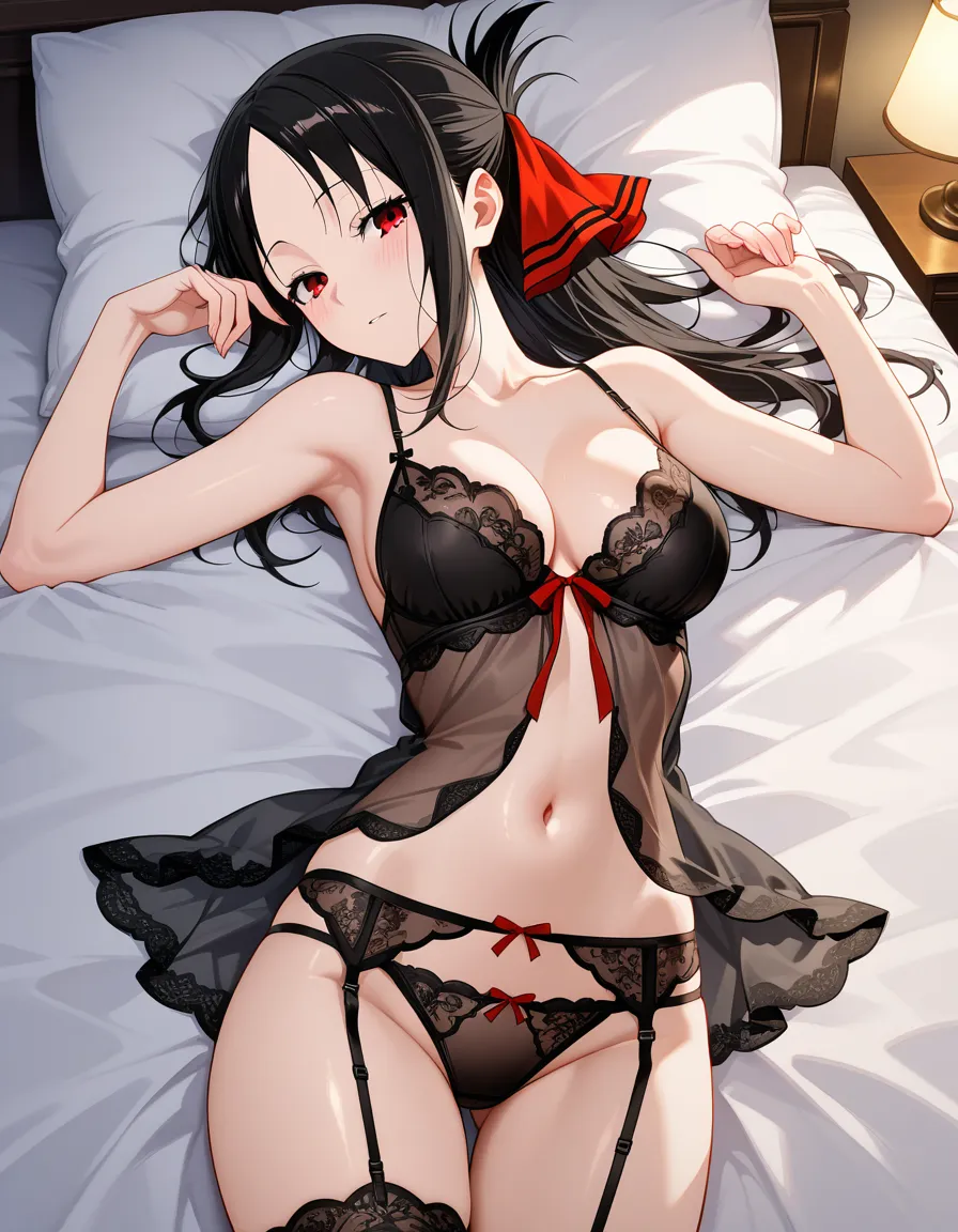 @shinomiya_kaguya , /ultra_detailed /hentai_studio_quality, /highres, bed, lingerie, hentai_studio_quality