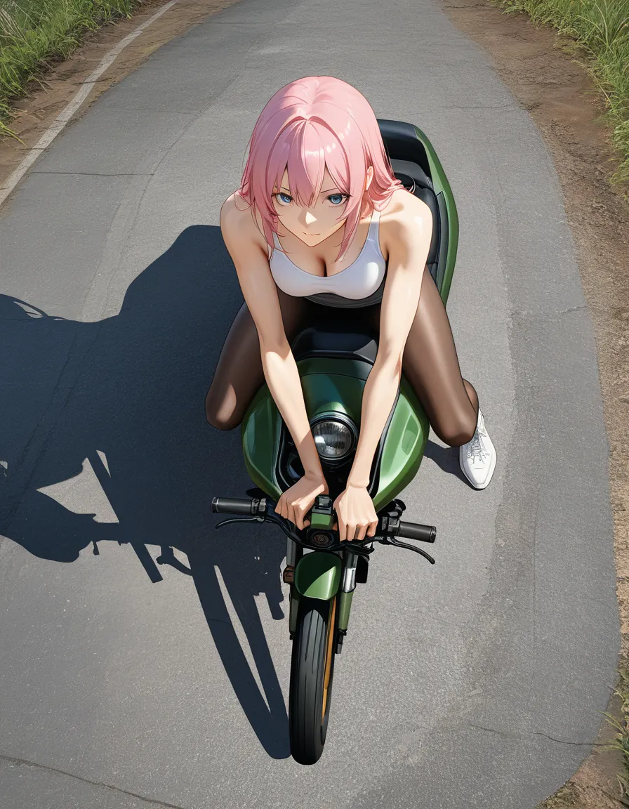 professional studio picture, aesthetic photoshoot, cinematic, detailed face, photo of a skinny asian woman, pink hair, riding a mans dick, man front, shot from above, hentai_studio_quality