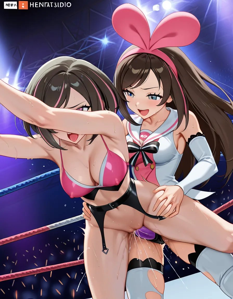 2girls , Best_quality, ultra_detailed, , @bea_(pokemon) , @kizuna_ai , yuri sex ,wrestling_ring wrestling defeated, pussy_juice squirting orgasm , strap-on vaginal, torn_clothes, standing_sex, hentai_studio_quality, hentai_studio_quality, hentai_studio_quality