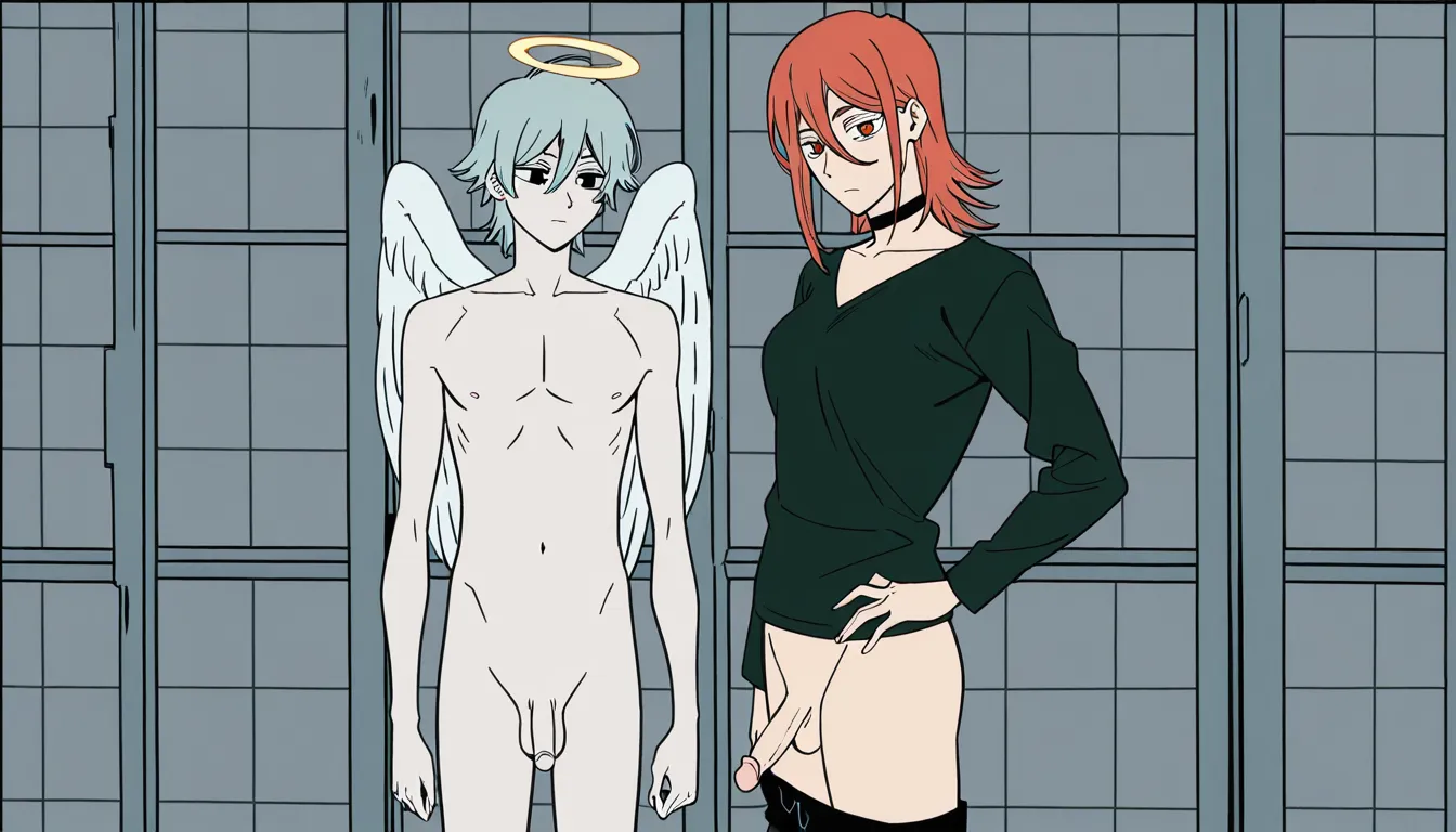 (tatsuki_fujimoto_style:1.35), chainsaw_man_style, manga_style,angel_devil_(chainsaw_man), 2boys, penis, femboy_with_male, slim, long_red_hair, pale_skin, halo, angel_wings, gay,reverse_cowgirl, semi-reclining, on_bed,interracial, black_male, black_skin, faceless_male, huge_black_cock, deep_anal,hands_on_thighs, holding_thighs,flushed_face, half-closed_eyes, slight_smile, lewd_expression, saliva,sticky, stringy, precum, glistening 
1