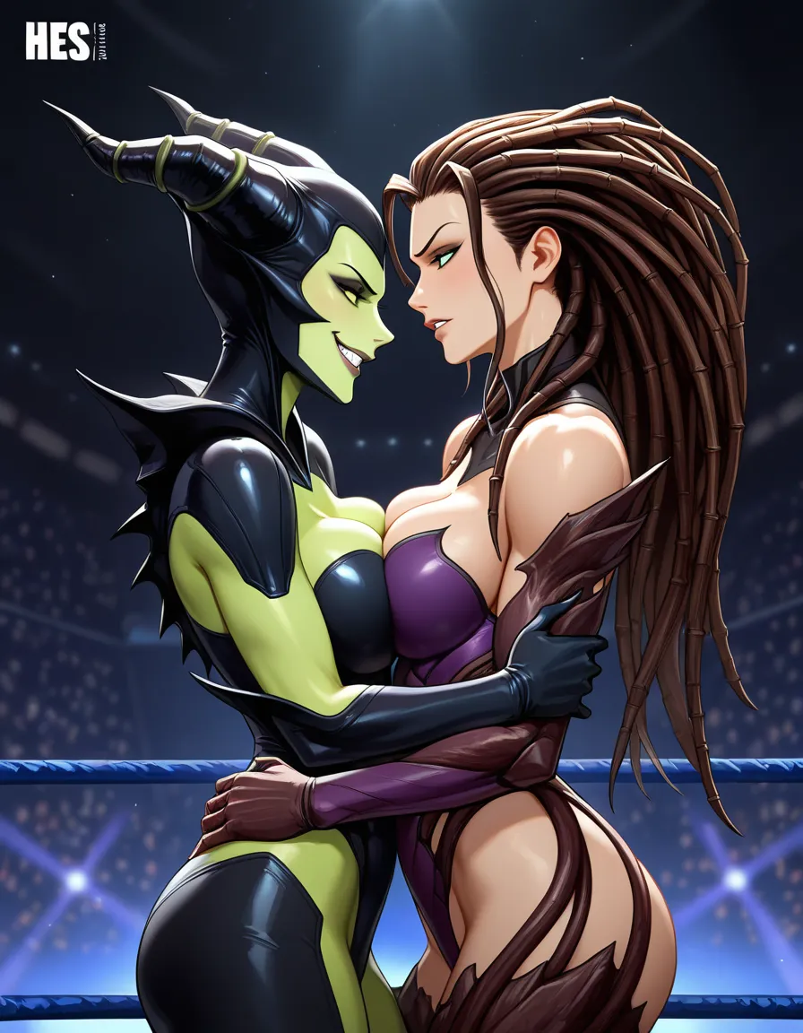 2girls_focus , maleficent evil_grin, sarah_kerrigan_(starcraft)  , breast_press , wrestling_ring , yuri , from_side, hentai_studio_quality