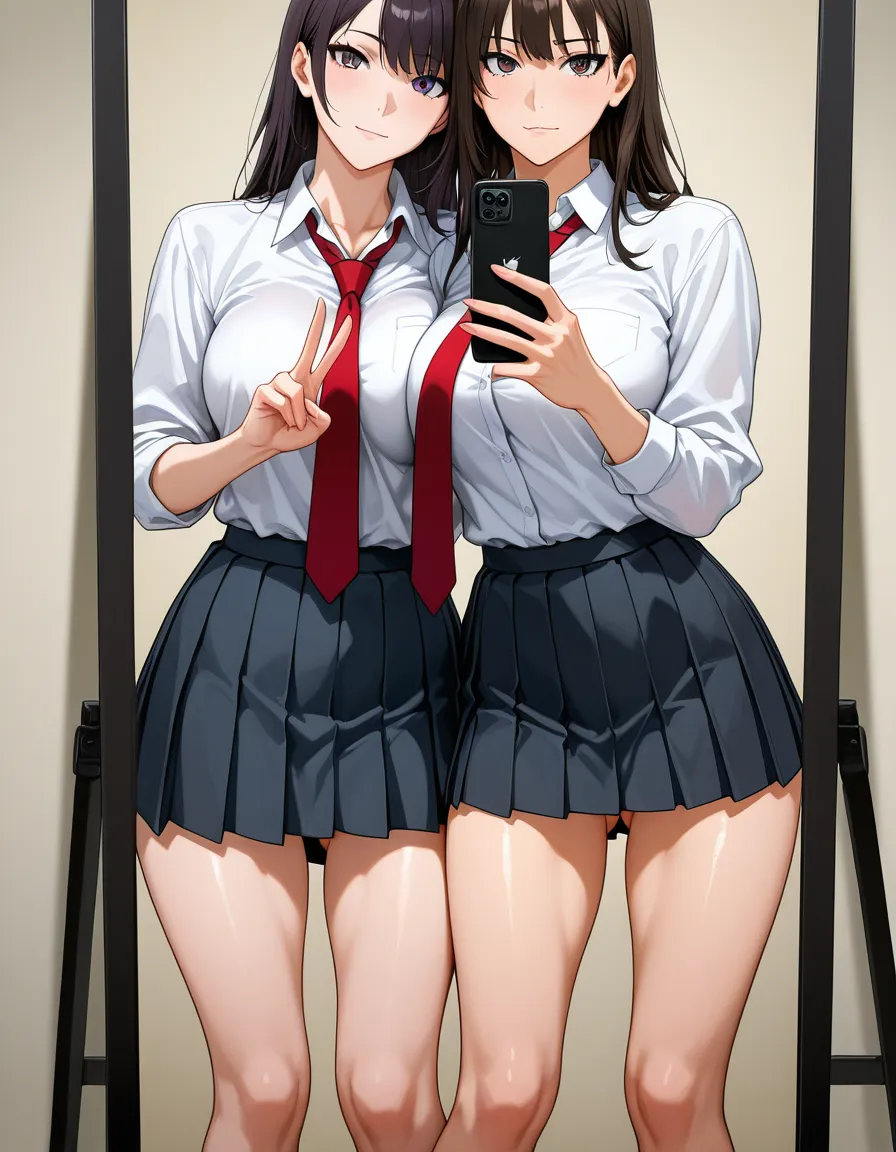 studio quality, sharp focus, couple, ass visible through thighs, pleated skirt, selfie pose, futanari, film photography, hentai_studio_quality