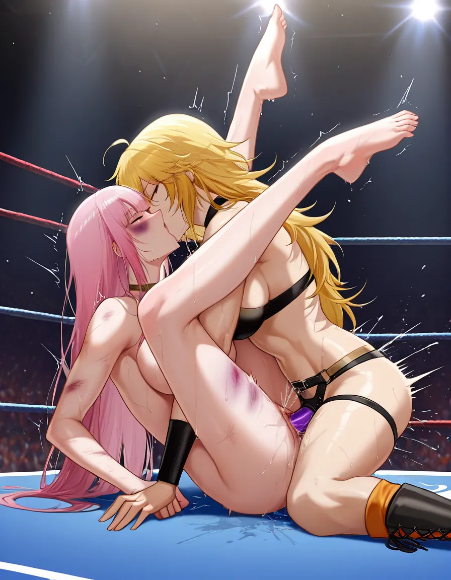 @mori_calliope , @yang_xiao_long , 2girls yuri sex , wrestling_ring, wrestling orgasm pussy_juice, defeated, squirting bruised , vaginal_object_insertion strap-on, missionary kissing, from_side, hentai_studio_quality, hentai_studio_quality