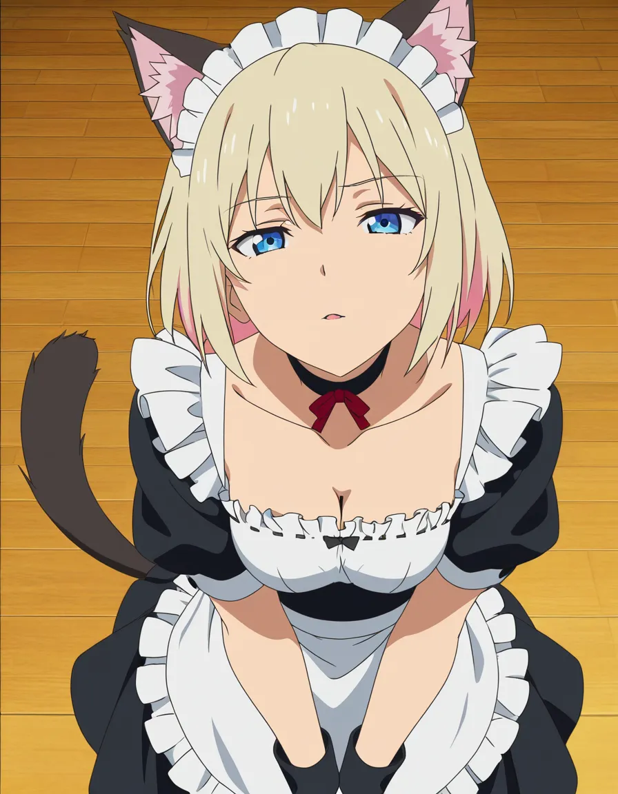 masterpiece, fine detail, maid, collarbone, tail, blowjob, confident gaze, hentai style, (anime style:1.3), 2d, anime screencap, cel shading, flat color