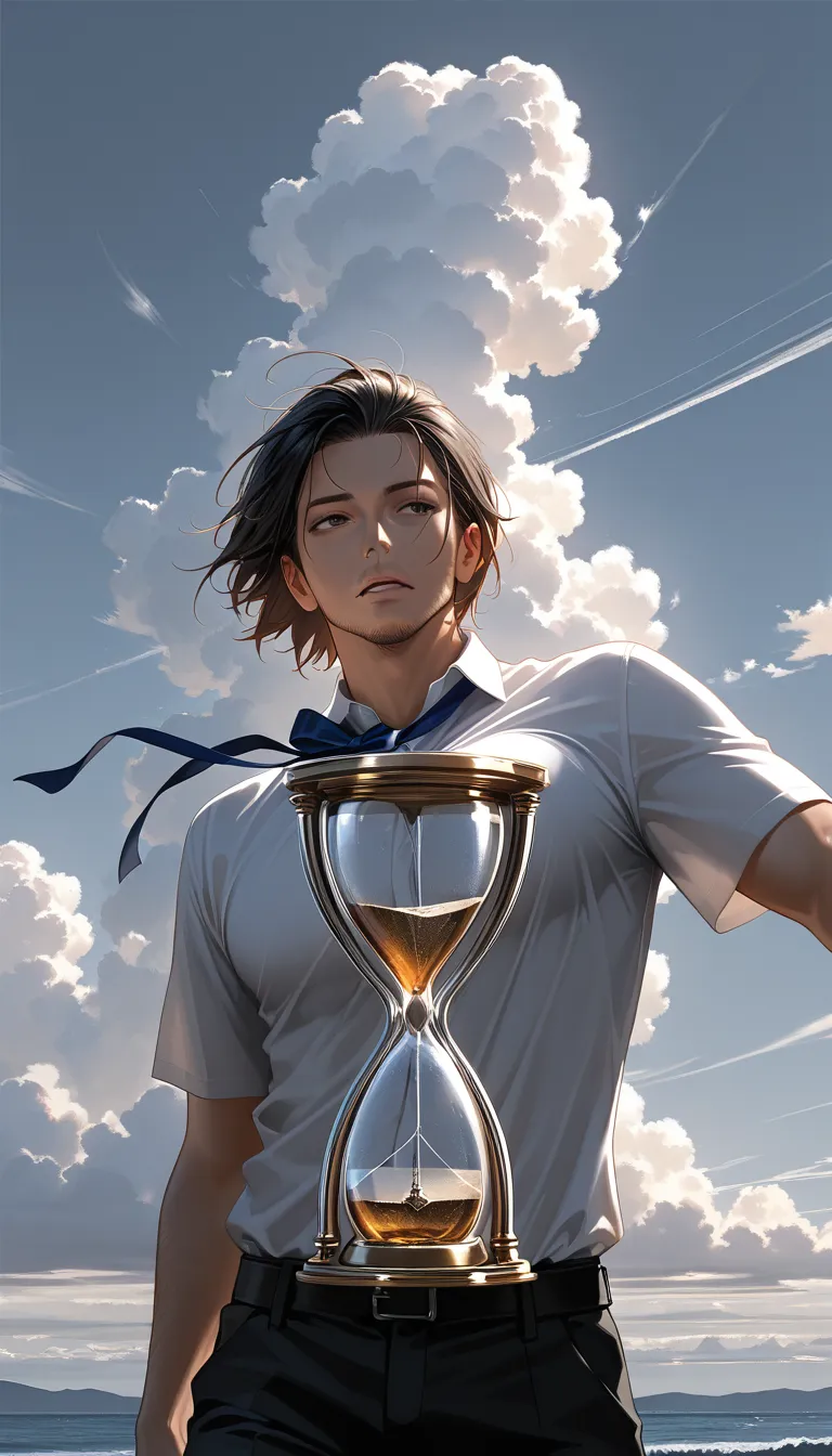 best quality, hyperrealistic, male focus, hourglass figure, ribbon, bouncing breasts, cloudy sky, cowboy shot, RAW photo