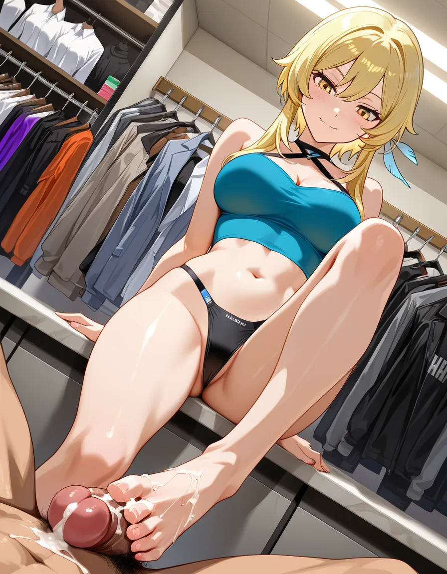 lumine, footjob, clothing shop, seductive gaze, looking down, cum, thong, seductive_smile, no_pants, hentai_studio_quality