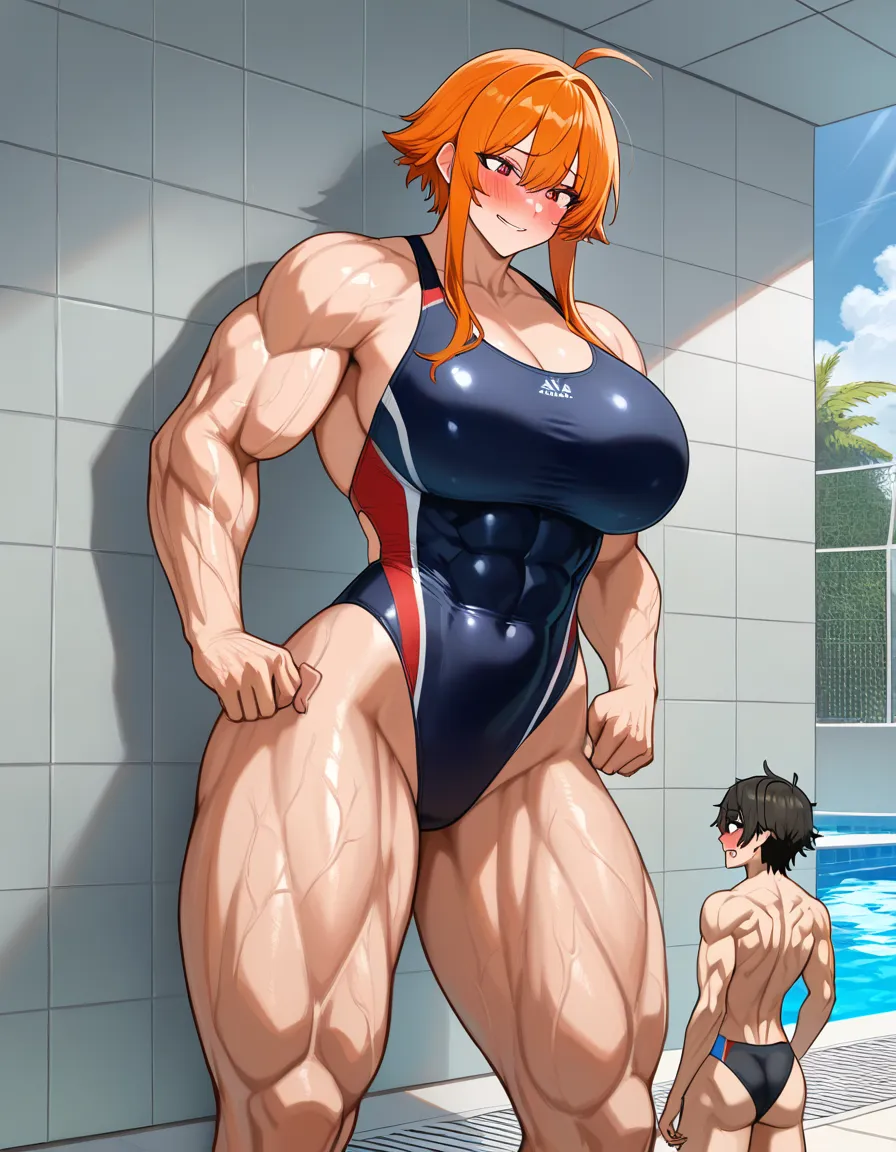 Giant muscular_female, adult male petite, extreme size_difference, huge height_difference, female orange_hair short_hair_with_long_locks , swimwear, pool, cornered male pinned against_wall, muscle comparison, assertive_female, intimate, teasing, dominant female looking_at_another, male hands_up, nervous blush male looking_up , female leaning_forward, male black medium_hair, female abs, female big biceps, female big shoulders, female thick_thighs, female huge_ass, female wide_hips, huge_breasts, gigantic tall female, bulging nipples, male bulge, male narrow_waist, lightweight male, domination, eye_contact, hentai_studio_quality