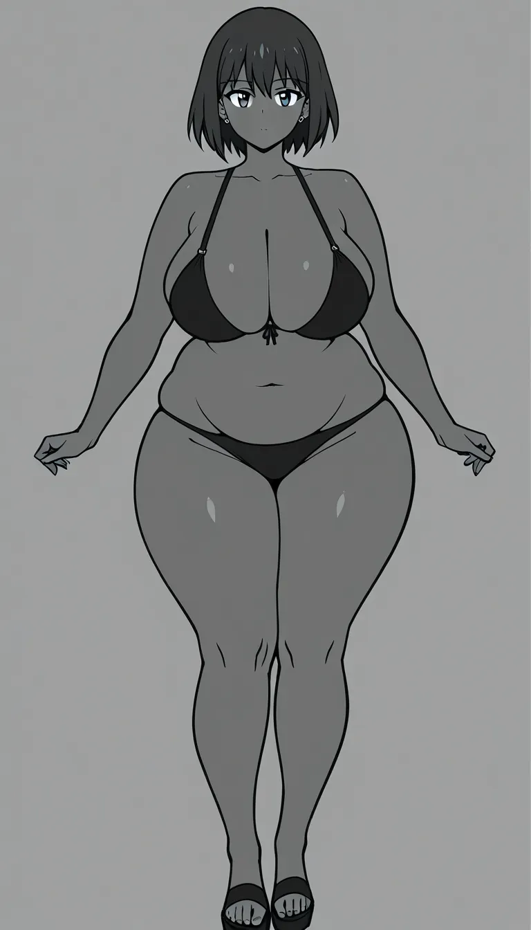 A full body shot captures a gorgeous full-figured curvy woman with deepest obsidian skin tones, melanin-rich dark black skin that glows with a subtle sheen, sumptuous curvy plush body, beautifully round belly, extra wide hips, heavy thick thighs, and massive Bursting round breasts.  She wears an unbuttoned oversized white transparent shirt that slipping sensually off  shoulders and hangs loosely open over metallic slingshot swimsuit, barely covering her voluptuous figure combined with intricate leather bondage harness straps wrapping around her torso and hips, plus detailed leather bondage underwear. She is sensually posing on the bed with pink satin sheets in a mirrored ceiling love hotel plush bedroom against vivid pink velvet wall, her lovely sweet face beaming with a kind gentle expression and captivating dark eyes, short natural curly hair in frosty gray and silver.  Intimate serene mood with self-love and comfort, professional photography style in anime illustration, 8k masterpiece quality with great detail in every pore, droplet, and petal, neon light, dim magenta lighting.
