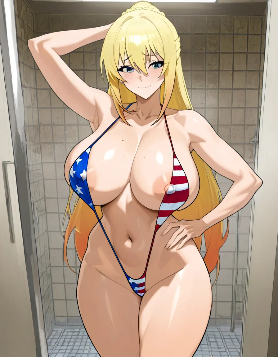 @darkness_(konosuba) she has a thin_american-flag_slingshot_swimsuit and a nipple_slip with a bimbo-hourglass-body and massive_breasts, and a thick-hot mature_female in a bathroom with no light. Her tits bigger than her own head and absolutely large, her body and thighs are extremely tall but thicker. Showing her armpits, hentai_studio_quality