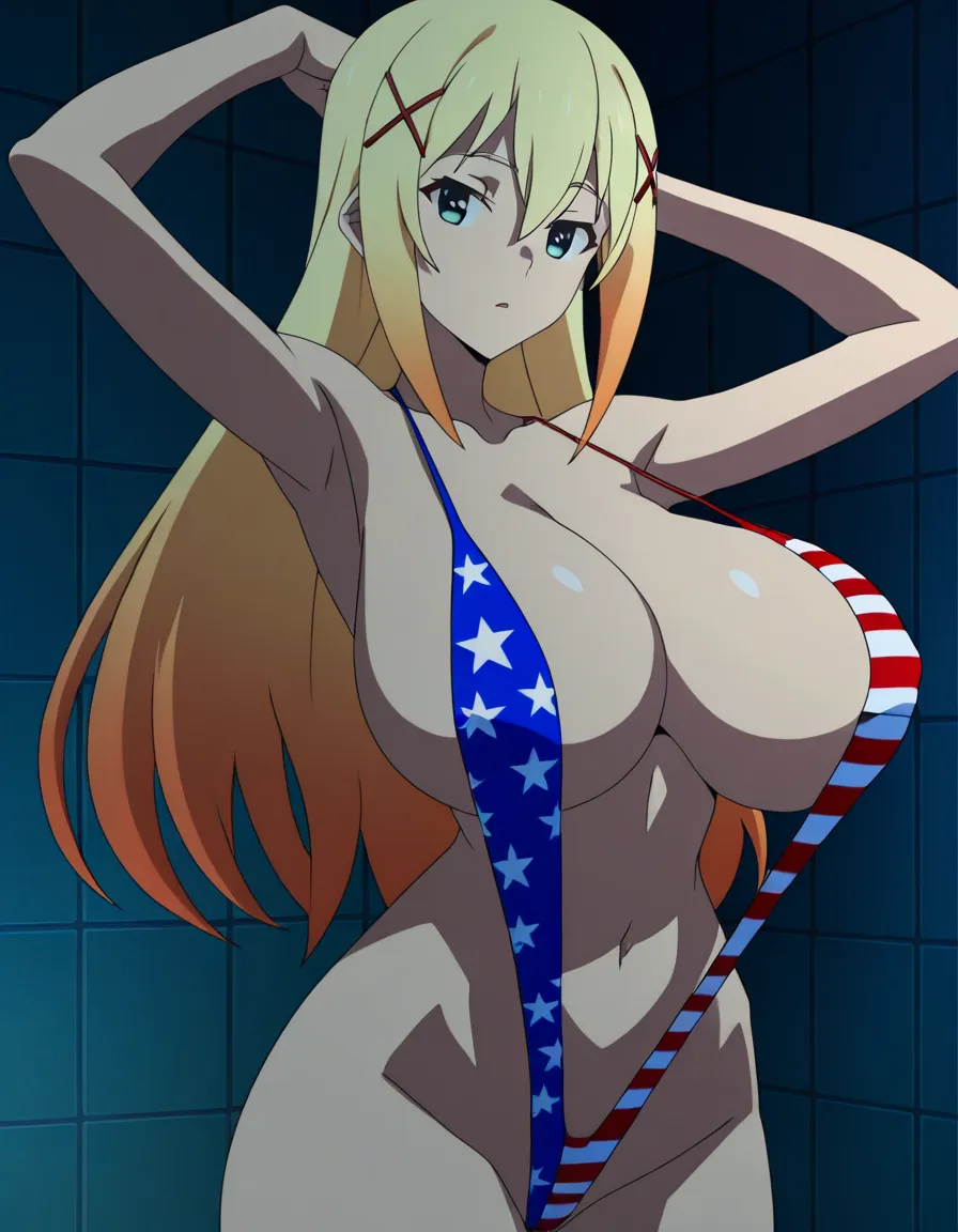 @darkness_(konosuba) thin_american_flag_slingshot_swimsuit, bimbo, huge_breasts, narrow_waist, hourglass_body, armpits, bathroom, dark, no_light, (anime style:1.3), 2d, anime screencap, cel shading, flat color