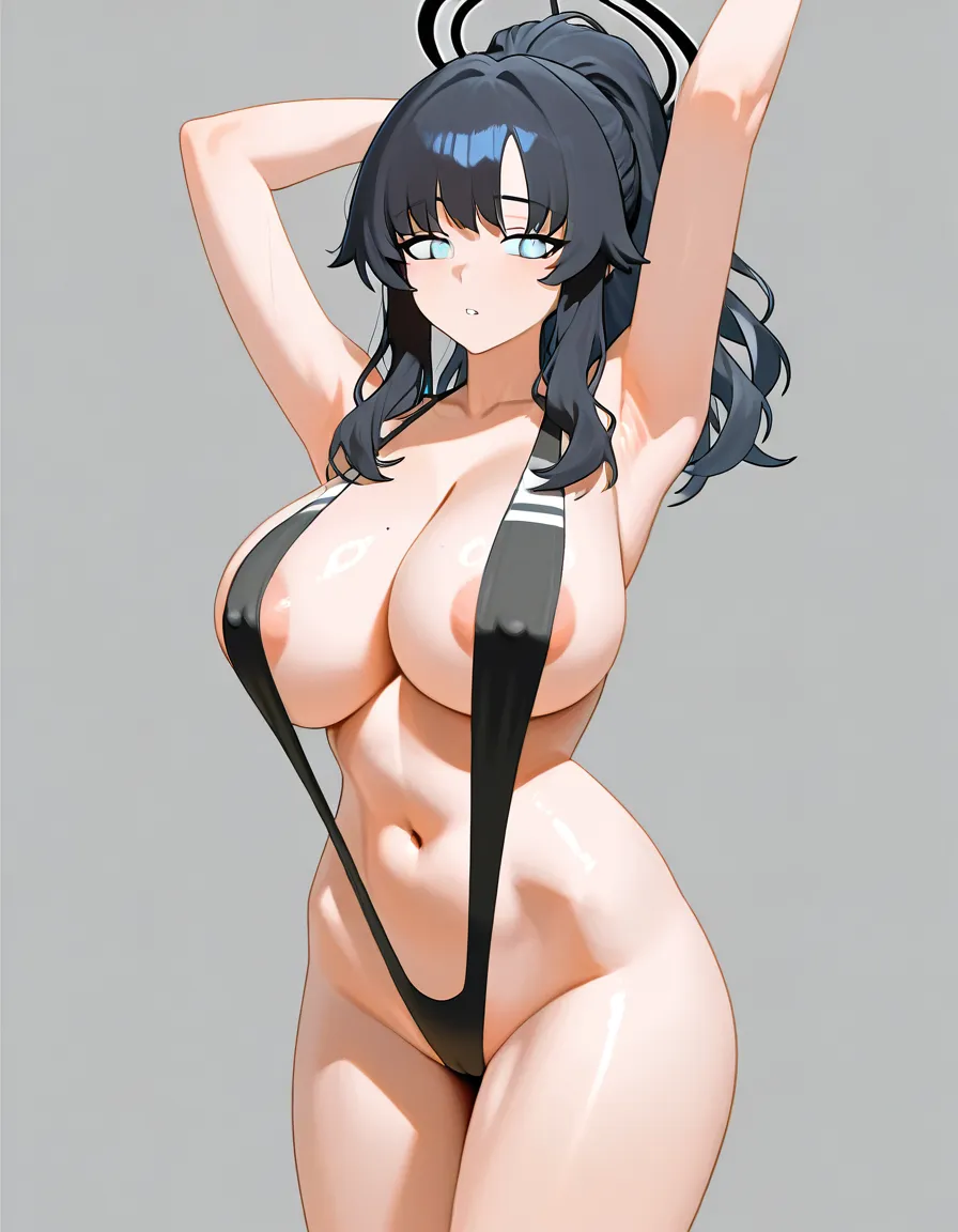 @hibiki_(blue_archive), aged_up , she has a thinner dark-cyan and white horizontal stripe  slingshot swimsuit with nipple_slip , shes a fit lean body slut bad_anatomy , shes caught in the act embarassed shocked while shes arms up armpits, with massive breasts, busty f-cup chest size, bad_anatomy, and huge ass, with massive thick_thighs. In the onsen sunny heat. Full body, sexually_suggestive, ecchi style, accurate hentai style, anime, absurd shadow shading, absurd cel shading, extremely glossy artstyle, art, absurd lighting, (anime style:1.3), 2d, anime screencap, cel shading, flat color