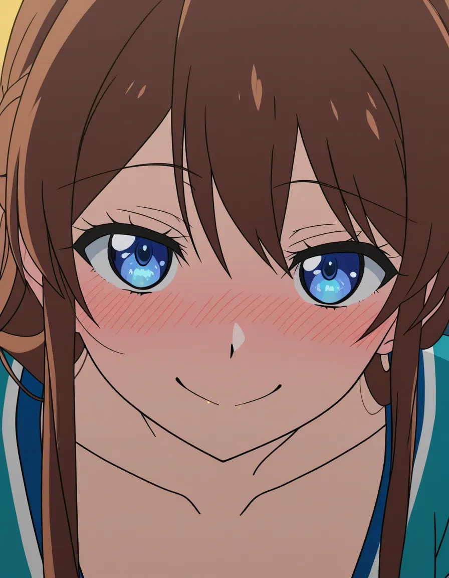 @maizono_sayaka pov solo 1girl blush happy naughty_face, (anime style:1.3), 2d, anime screencap, cel shading, flat color, @00osamio00