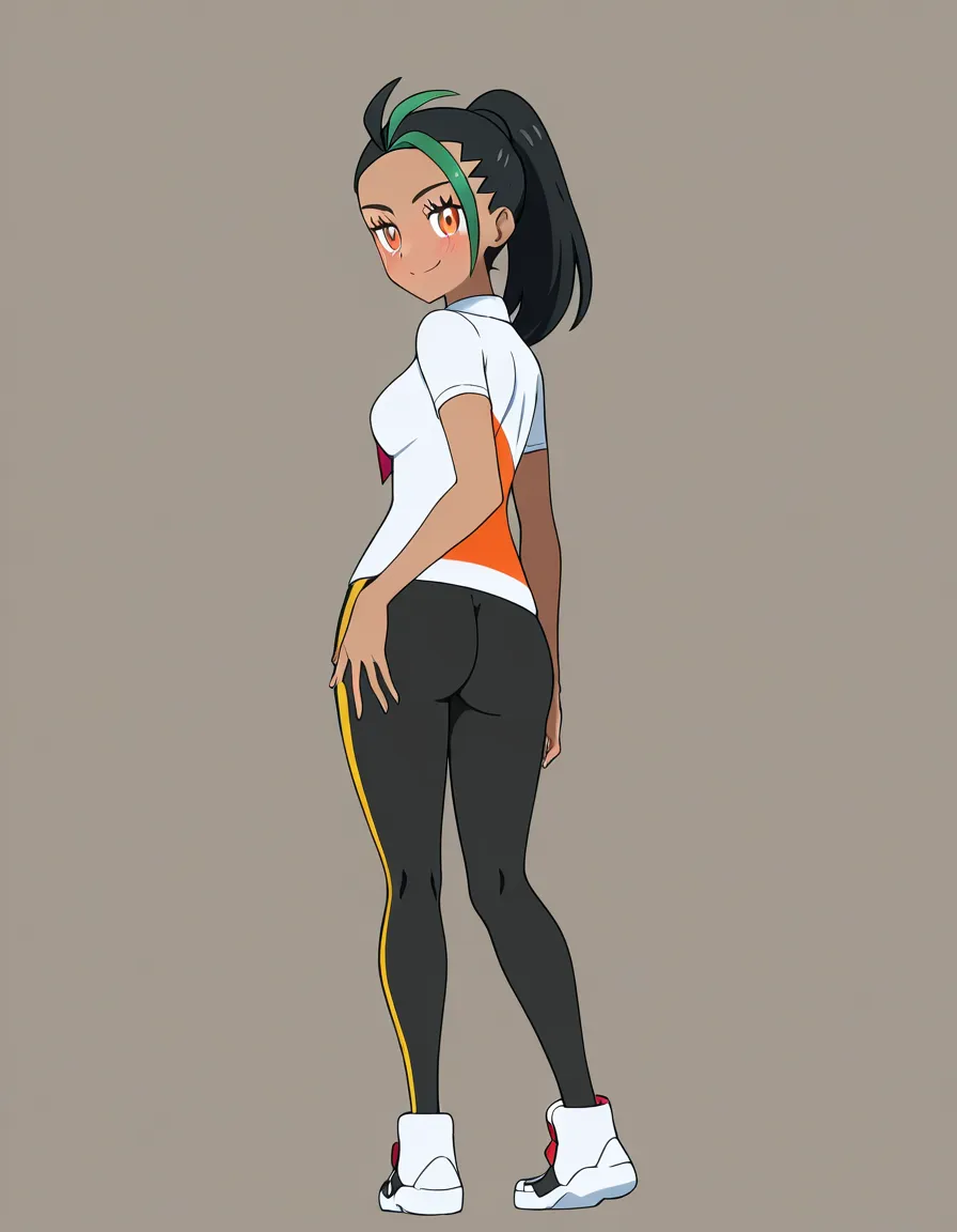 @nemona_(pokemon) solo ass 1girl full_body standing blush naughty_face smile happy from_behind, (anime style:1.3), 2d, anime screencap, cel shading, flat color, @00osamio00