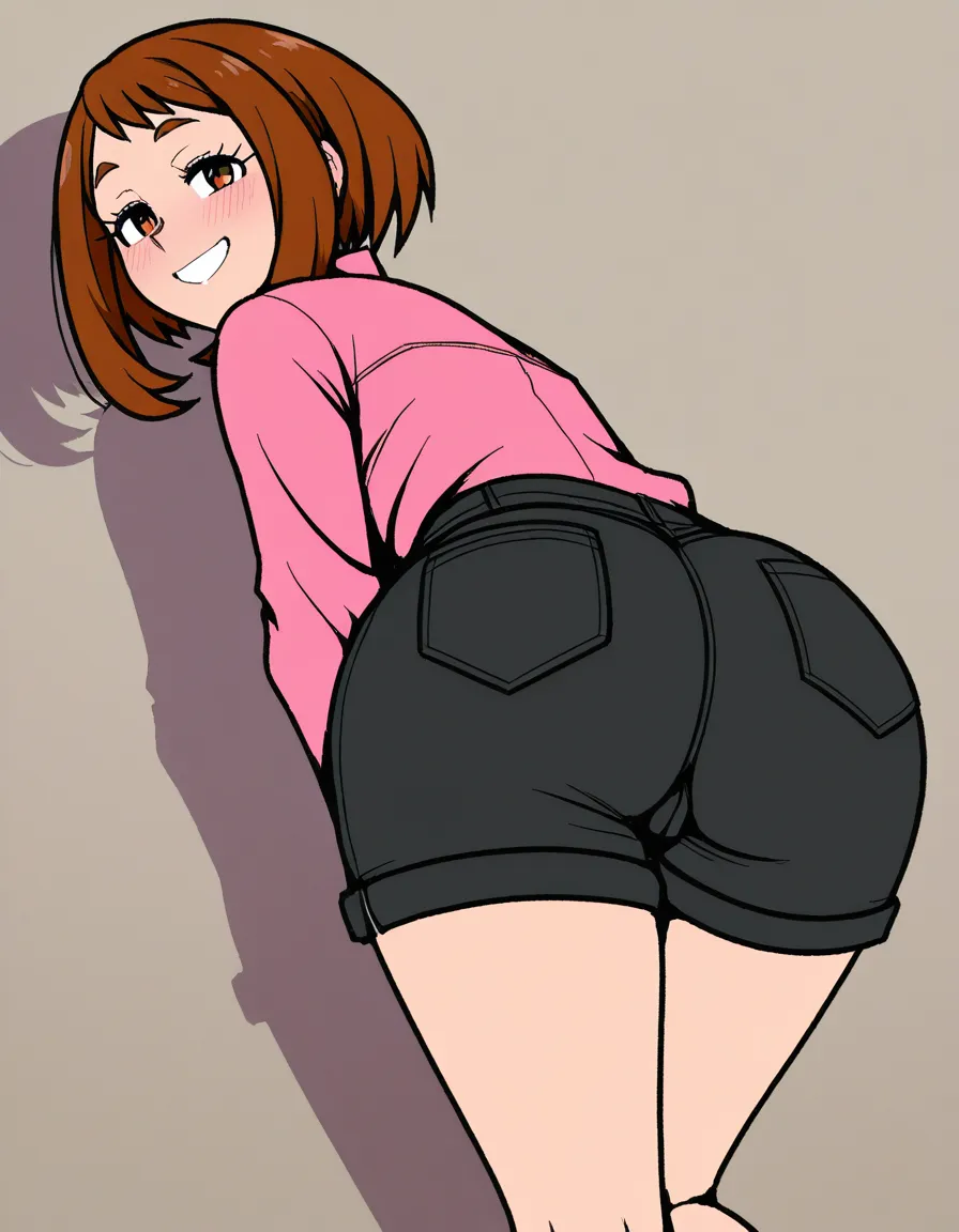 @uraraka_ochaco, akairiot_artstyle, ass, from_behind, full_body, shorts, blush, happy, smile, naughty_face, 1girl, solo, standing, (anime style:1.3), 2d, anime screencap, cel shading, flat color, @00osamio00