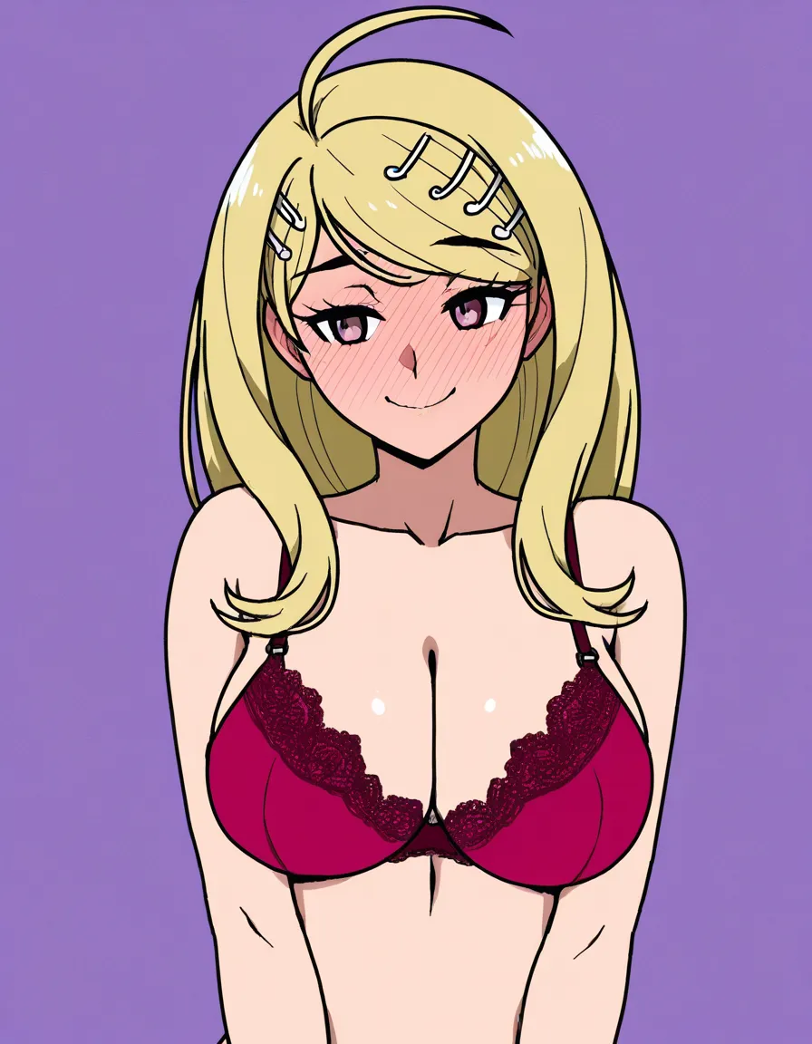 @akamatsu_kaede, akairiot_artstyle, full_body, embarrassed, smile, blush, full-face_blush, large_breasts, bra, (anime style:1.3), 2d, anime screencap, cel shading, flat color, @00osamio00