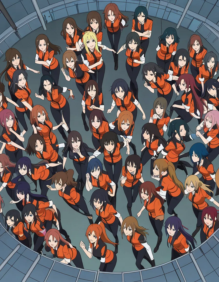 masterpiece, clean art, 6+girls, jacket, doggy style, from above, manga panel look, (anime style:1.3), 2d, anime screencap, cel shading, flat color