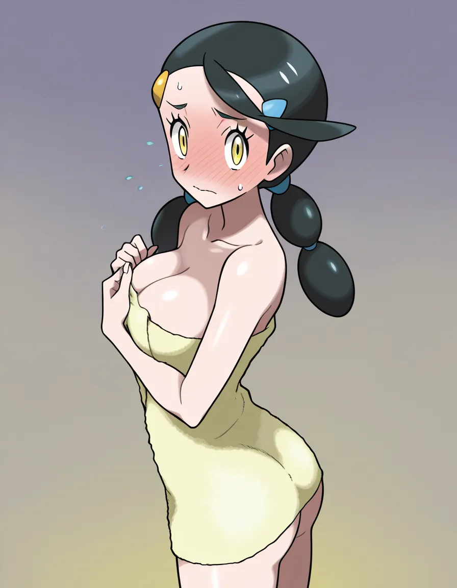#sugimori_ken_artstyle, @candice_(pokemon), pokemon, 1girl, solo, black_hair, twintails, multi-tied_hair, blue_hairclip, yellow_eyes, ass, full-face_blush, embarrassed, naked_towel, collarbone, cleavage, large_breasts, facial, facing_viewer, upper_body, pov, hentai_studio_quality