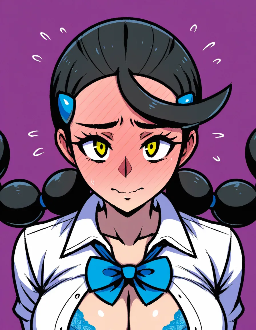 #akairiot_artstyle, @candice_(pokemon), pokemon, 1girl, solo, black_hair, twintails, multi-tied_hair, blue_hairclip, yellow_eyes, full-face_blush, embarrassed, cleavage, large_breasts, bra, blue_bowtie, loose_bowtie, collared_shirt, white_shirt, partially_unbuttoned, brown_skirt, sweater_around_waist, blue_sweater, pillow, full_body, lying, on_back, on_bed, from_above, hentai_studio_quality