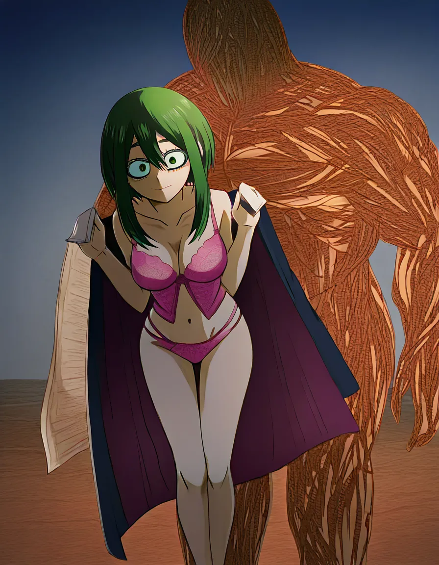 Draw @uraraka_ochaco wearing pink lingerie as a hand-drawn anime illustration in flat cel-shaded anime style. It stays the same person with the same face, the same expression, the same hair and the same skin tone, and every other detail of the photograph is kept exactly as it is: nothing is added, removed, moved, uncovered or recoloured. Only the medium changes, and no part of the picture is left photographic. Above all, the picture must show: She’s not wearing pants; the camera is from above. A guy is lying on the bed; she’s lying on top of him. The guy has his penis in her butt and is grabbing her breasts. A second guy is fucking her in the pussy. A third guy is kneeling next to the woman’s head; she’s licking his penis and smiling. Another guy is standing to the left of the woman; she’s masturbating him with one hand, and with her other hand she’s masturbating another guy who’s standing to her right., hentai_studio_quality