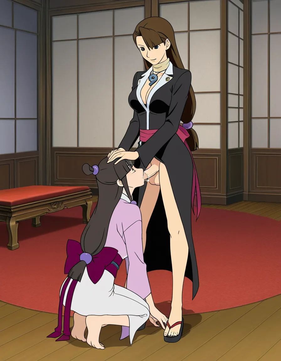 Mia Fey and Maya Fey, together, coop, from Ace Attorney, Full body, in clothed, futanari fellatio, 2D anime, cumming, (anime style:1.3), 2d, anime screencap, cel shading, flat color