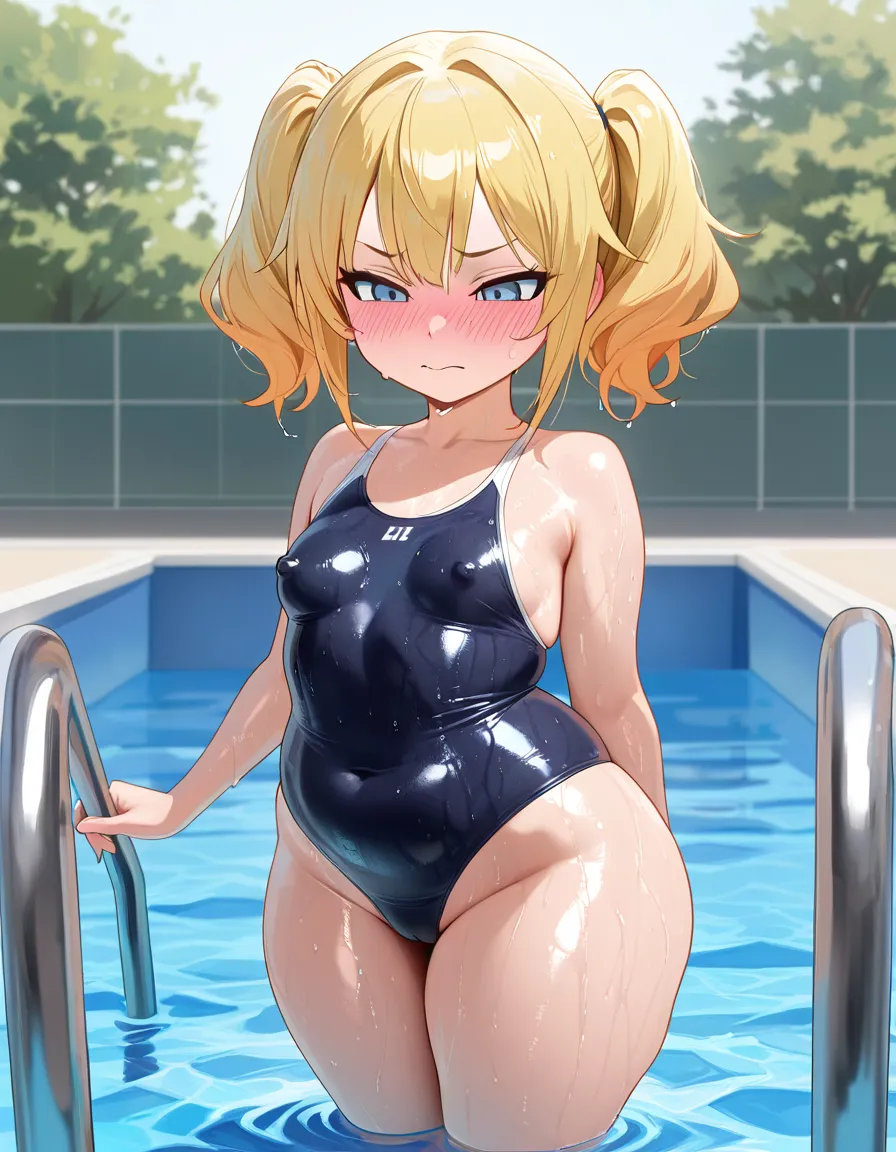 Masterpiece,high detail,best quality,shortstack,big head,short blonde hair in twin tails,chubby,small breasts,very thick thighs,wearing a dark blue single piece swimsuit,small nipple bulge,insanely wet skin,blushing,school public pool with students in the background, hentai_studio_quality, hentai_studio_quality