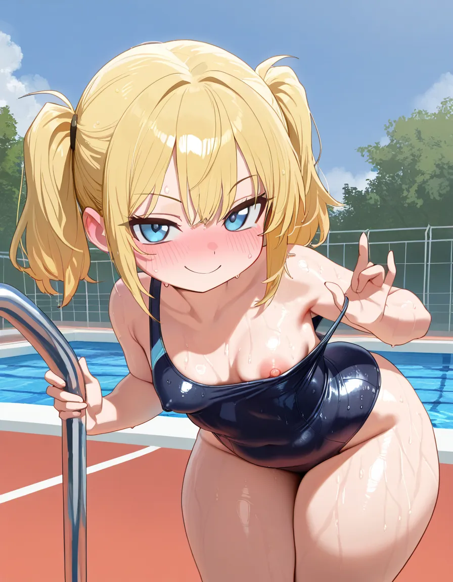 Masterpiece,high detail,best quality,shortstack,big head,short blonde hair in twin tails,chubby,small breasts,very thick thighs,wearing a dark blue single piece swimsuit,insanely wet skin,blushing,proud smile,school public pool with students in the background,slightly bent over,front view,pulling down her top just enough to see her nipples, hentai_studio_quality