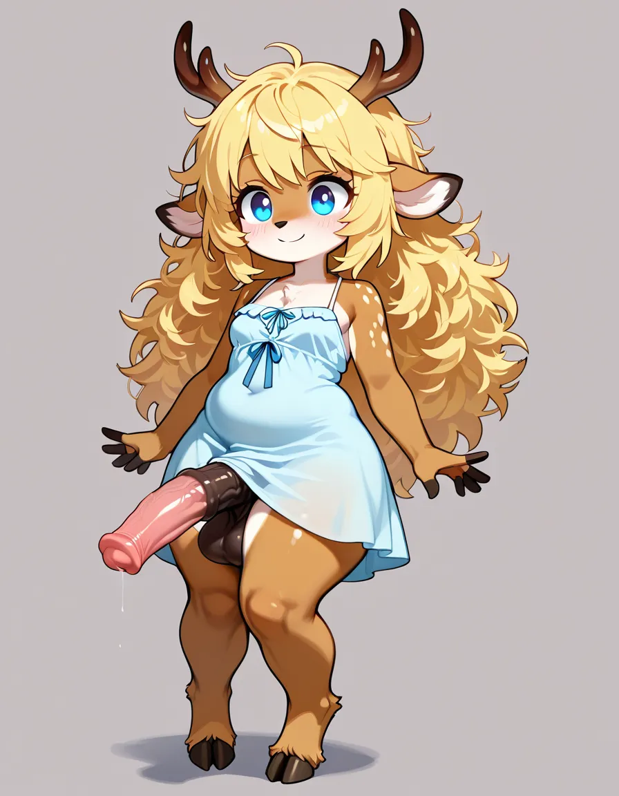 Deer girl furry,shortstack,horse penis futanari,chubby,big head,small breasts,very thick thighs,short loose babyblue cute dress with a small light blue ribbon right below her chest,bright blue eyes,bright smile,insanely gigantic horse penis,red single point horns,short blonde messy hair,deer hooves for hands and feet, hentai_studio_quality