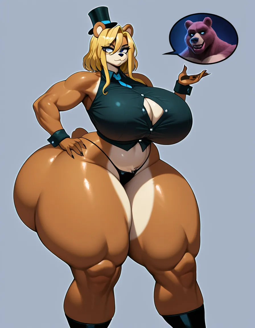 Frenni fazzclair,fnaf parody,furry,anthro,bear girl,bbw,narrow shoulders,large breasts,insanely wide hips,insanely gigantic thick thighs,insanely gigantic ass,insanely gigantic bubble butt,insanely bottom heavy,black thong,black button up crop top,big blue eyes,big head,round head,insanely thick legs,small top hat,short brown hair in a ponytail,medium cleavage,freckles,masterpiece,best quality,high detail,detailed shading,night club,solo female,very seductive smile, hentai_studio_quality