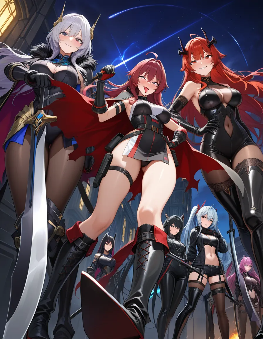 absurdres, highres, 5girls, weapon, ahegao, shy smile, low angle, eroge aesthetic, hentai_studio_quality