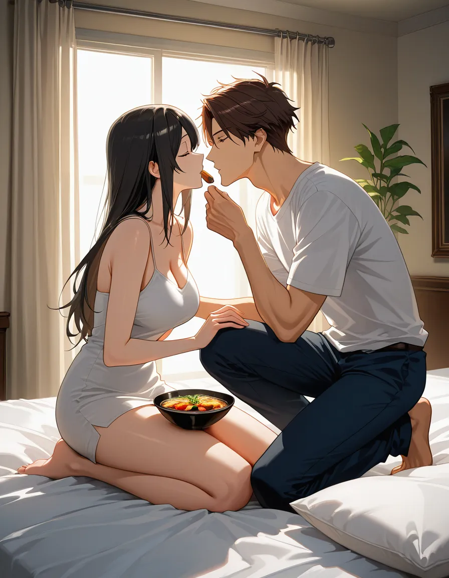 highly detailed, natural lighting, couple, food, kneeling on bed, film photography, hentai_studio_quality