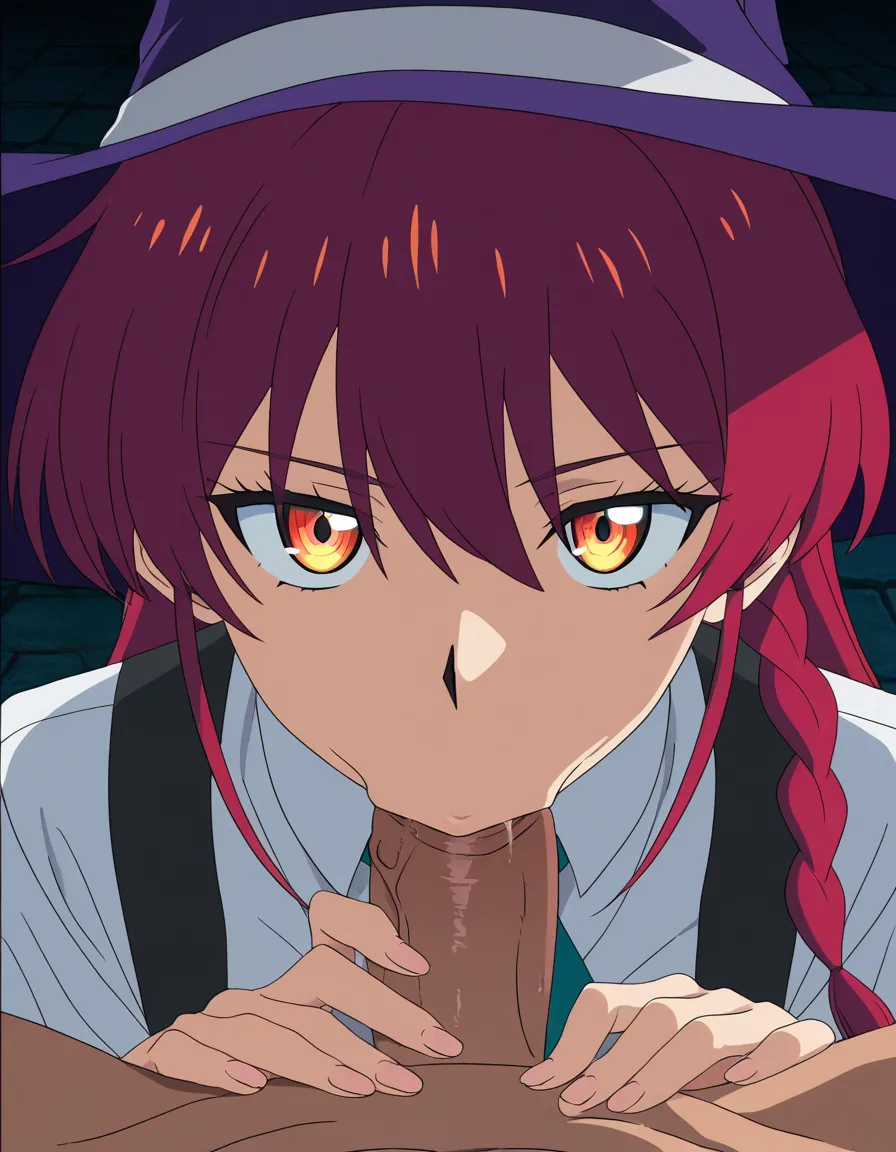 best quality, explicit detail, witch, skindentation, white shirt, blowjob, dominant stare, vivid anime colors, (anime style:1.3), 2d, anime screencap, cel shading, flat color, @00osamio00