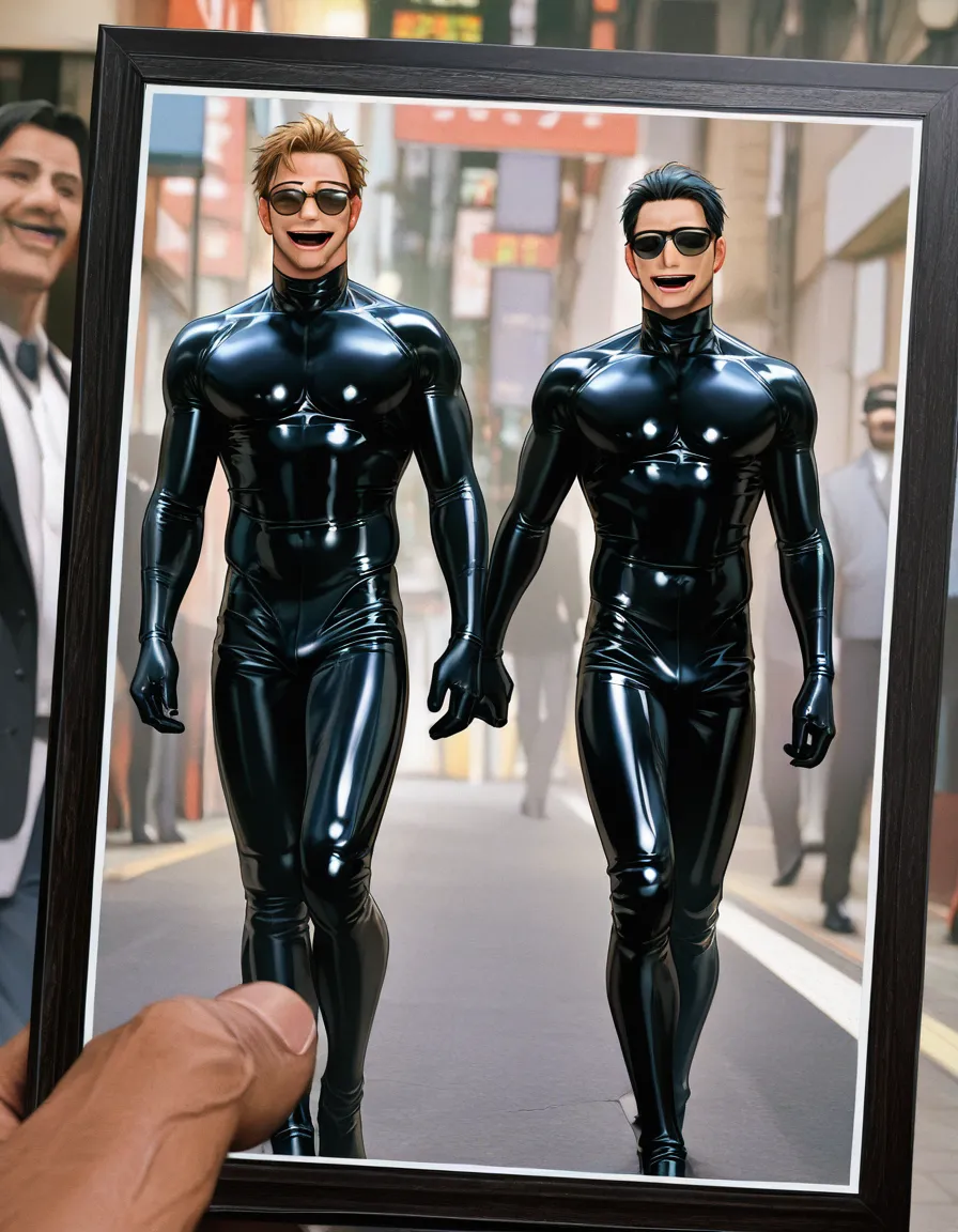 8k, sharp focus, detailed skin, 2boys, sunglasses, smile, open_mouth, bdsm, score_9, score_8, candid photo, realistic skin texture, visible skin pores, film grain, depth of field, yaoi, full_body, walking, latex,, score_9, score_8, candid photo, bdsm, black_choker, hentai_studio_quality, outdoors, forest , tree, hentai_studio_quality, hentai_studio_quality