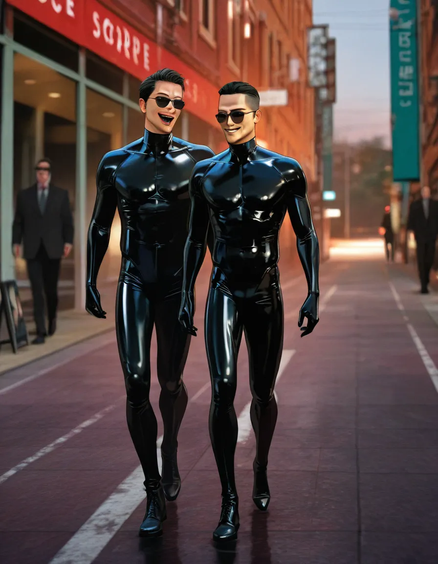 cinematic photo, film photography, 8k, sharp focus, detailed skin, 2boys, sunglasses, smile, open_mouth, bdsm, score_9, score_8, candid photo, realistic skin texture, visible skin pores, film grain, depth of field, yaoi, full_body, walking, latex,, score_9, score_8, candid photo, bdsm, black_choker, hentai_studio_quality, outdoors, forest , tree, hentai_studio_quality, phone, hentai_studio_quality